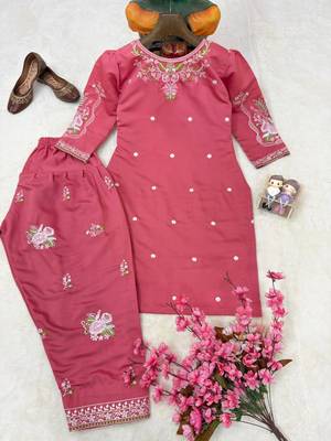 Coral roman silk embroidered kurti with farshi palazzo set 3
