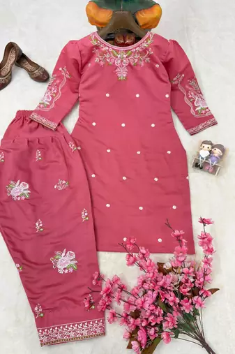 Coral roman silk embroidered kurti with farshi palazzo set