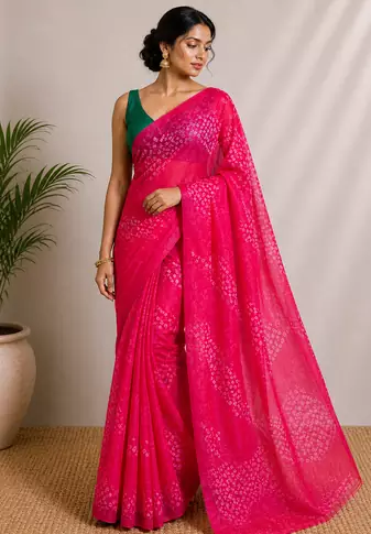 Georgette bandhej saree with Unstitched blouse