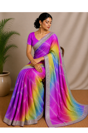 Multicolor chiffon saree with Unstitched blouse 4