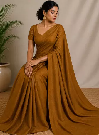 Golden maheshwari tissue saree with unstitched blouse