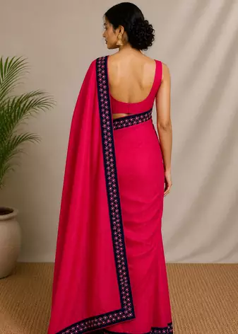 Solid gulabi saree with border (Without Blouse)