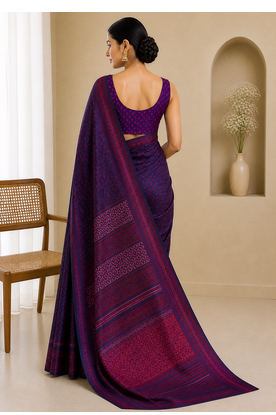 Block printed purple saree with Unstitched blouse 4