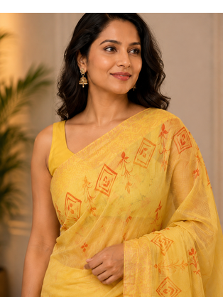 Yellow Hand Painted Khadi Handloom Saree With Blouse 4