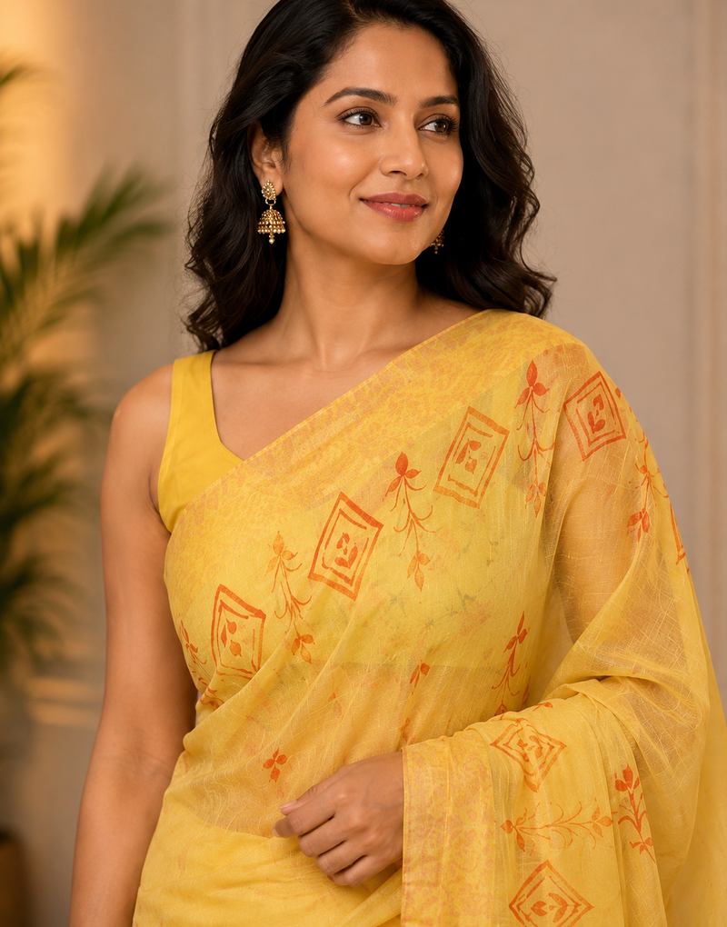 Yellow Hand Painted Khadi Handloom Saree With Blouse