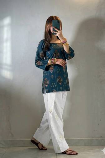 Teal blue muslin cotton digital printed kurti with embroidered farshi palazzo set