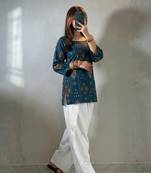 Teal blue muslin cotton digital printed kurti with embroidered farshi palazzo set