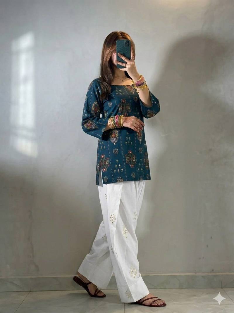 Teal blue muslin cotton digital printed kurti with embroidered farshi palazzo set