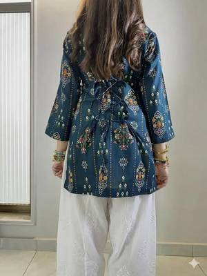 Teal blue muslin cotton digital printed kurti with embroidered farshi palazzo set 2
