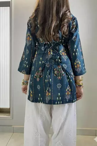 Teal blue muslin cotton digital printed kurti with embroidered farshi palazzo set