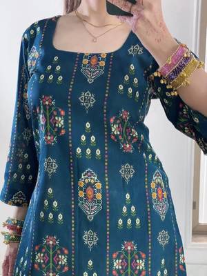 Teal blue muslin cotton digital printed kurti with embroidered farshi palazzo set 3