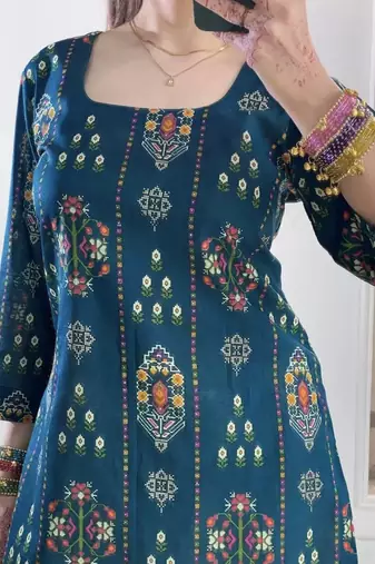 Teal blue muslin cotton digital printed kurti with embroidered farshi palazzo set