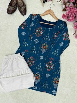 Teal blue muslin cotton digital printed kurti with embroidered farshi palazzo set 4