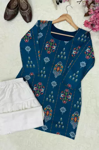 Teal blue muslin cotton digital printed kurti with embroidered farshi palazzo set