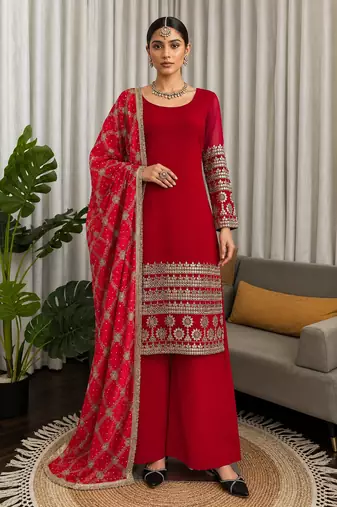 Rani pink faux georgette sequins embroidered anarkali suit set with printed dupatta