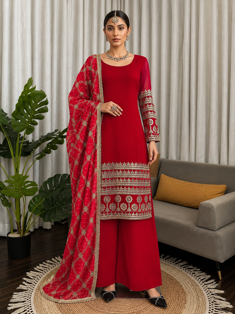 Rani pink faux georgette sequins embroidered anarkali suit set with printed dupatta