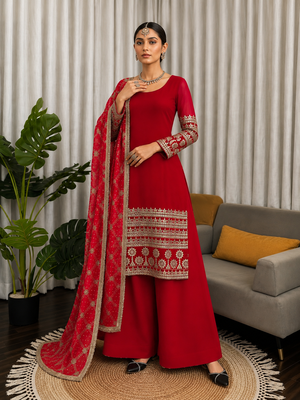Rani pink faux georgette sequins embroidered anarkali suit set with printed dupatta 2