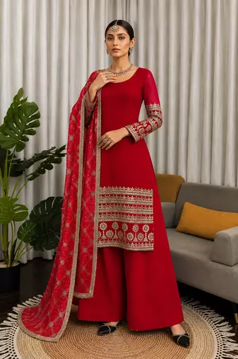 Rani pink faux georgette sequins embroidered anarkali suit set with printed dupatta