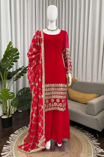 Rani pink faux georgette sequins embroidered anarkali suit set with printed dupatta