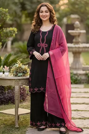 Black rayon embroidered kurta palazzo set with georgette dupatta