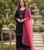 Black colour rayon embroidered kurta palazzo set with georgette dupatta