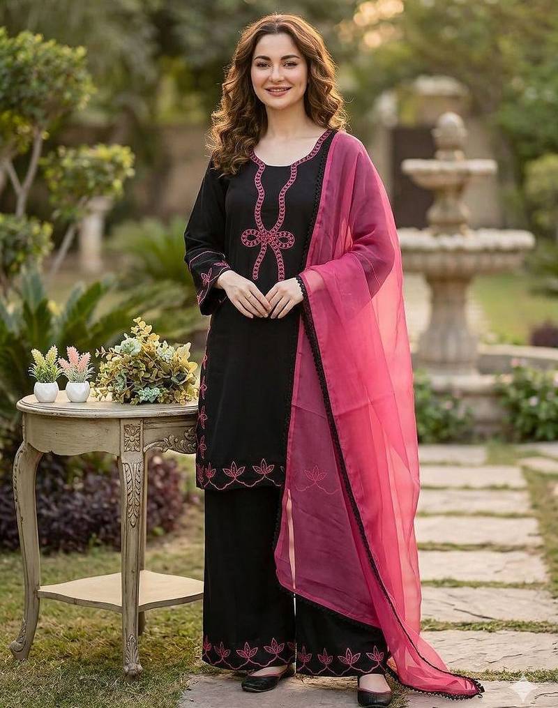 Black colour rayon embroidered kurta palazzo set with georgette dupatta