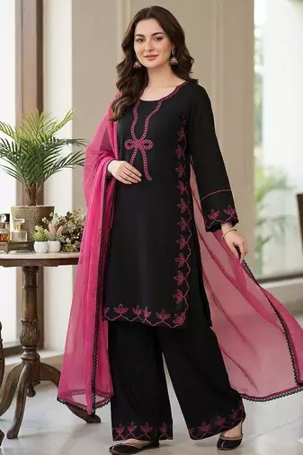 Black rayon embroidered kurta palazzo set with georgette dupatta