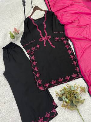 Black rayon embroidered kurta palazzo set with georgette dupatta 3
