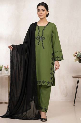 Green rayon embroidered kurta palazzo set with georgette dupatta