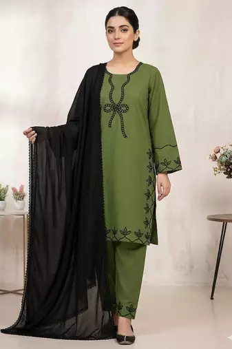 Green rayon embroidered kurta palazzo set with georgette dupatta