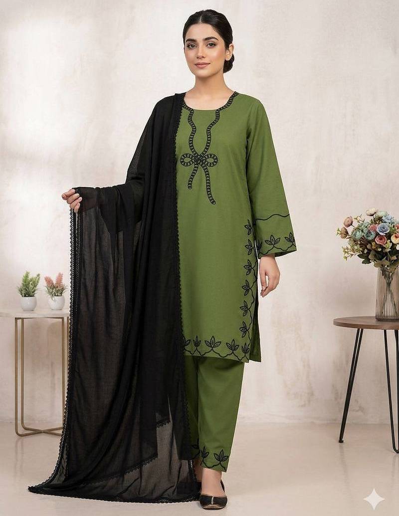 Green colour rayon embroidered kurta palazzo set with georgette dupatta