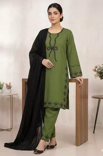 Green rayon embroidered kurta palazzo set with georgette dupatta