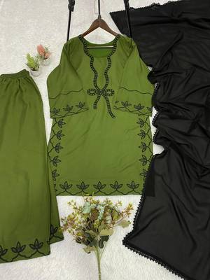 Green rayon embroidered kurta palazzo set with georgette dupatta 3