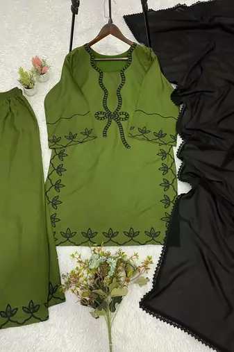 Green rayon embroidered kurta palazzo set with georgette dupatta