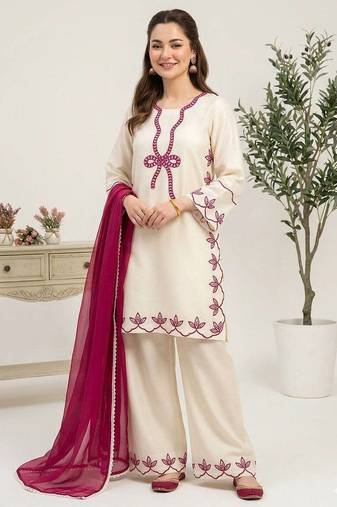 Cream rayon embroidered kurta palazzo set with georgette dupatta