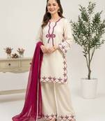 Cream colour rayon embroidered kurta palazzo set with georgette dupatta