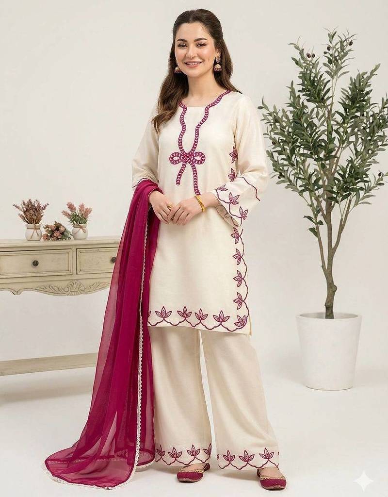 Cream colour rayon embroidered kurta palazzo set with georgette dupatta