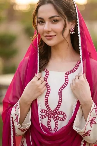 Cream rayon embroidered kurta palazzo set with georgette dupatta