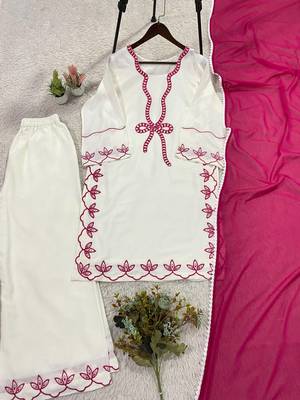 Cream rayon embroidered kurta palazzo set with georgette dupatta 3