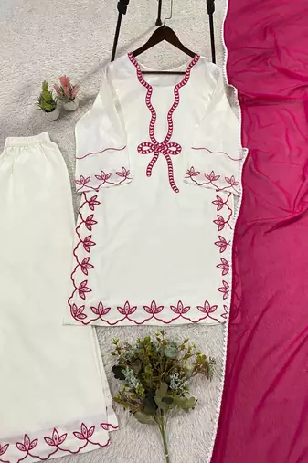 Cream rayon embroidered kurta palazzo set with georgette dupatta