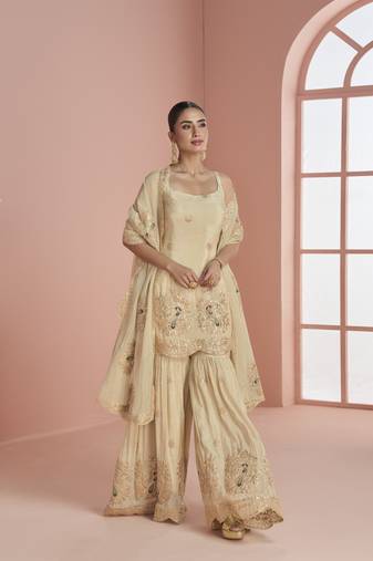 Beige koding embrodary silk blend sharara salwar suit