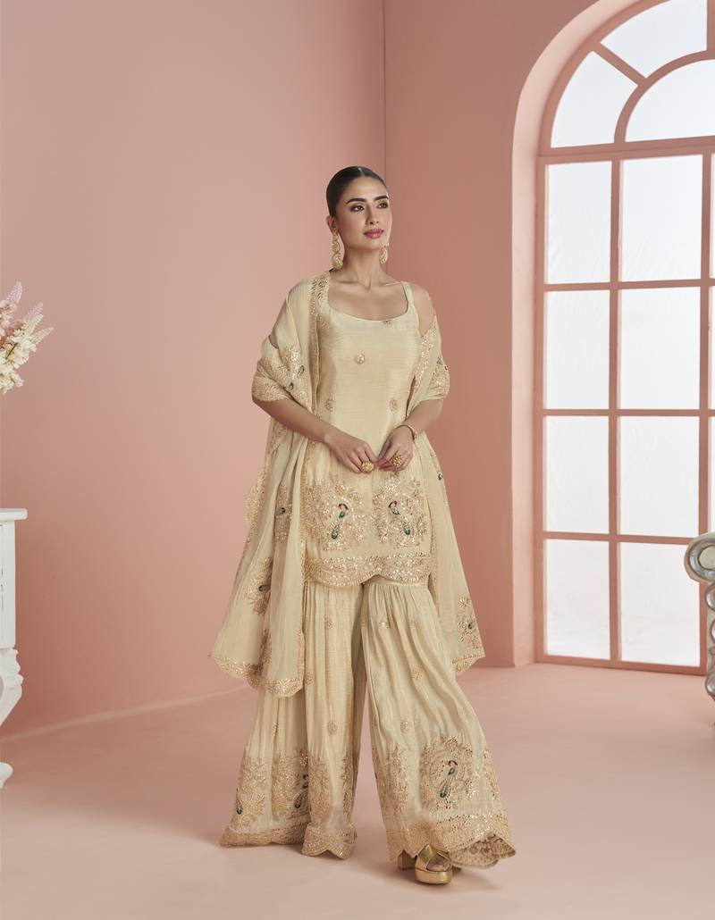 Beige koding embrodary silk blend sharara salwar suit