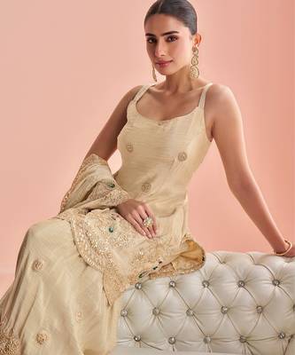 Beige koding embrodary silk blend sharara salwar suit 3