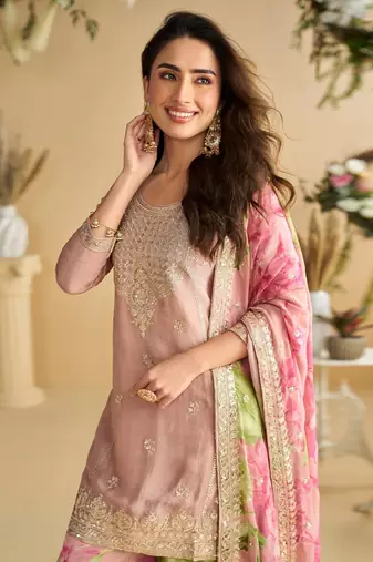 Pink koding embrodary silk blend sharara salwar suit
