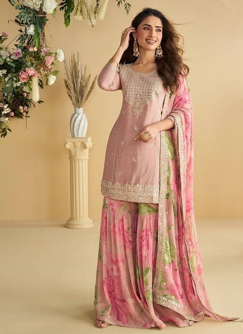 Pink koding embrodary silk blend sharara salwar suit