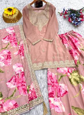 Pink koding embrodary silk blend sharara salwar suit 3