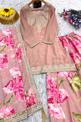 Pink koding embrodary silk blend sharara salwar suit