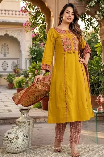 Beautiful mehandi green kurta set with printed pant dupatta
