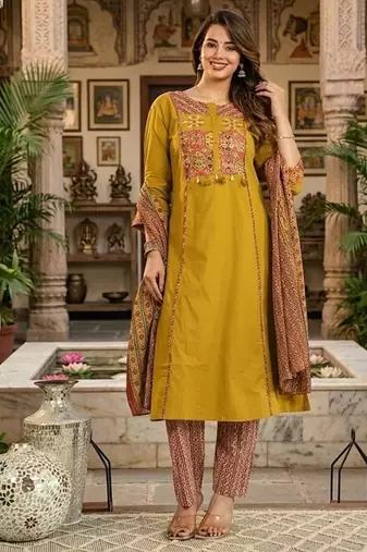 Beautiful mehandi green kurta set with printed pant dupatta