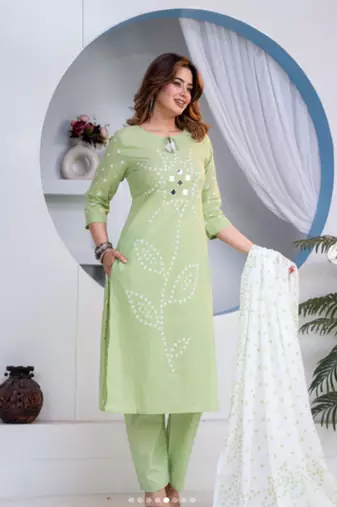 Beautiful jaipuri green straight-fit  bandhani design cotton kurta set